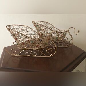 🎅🏻vtg Santa Sleigh wrought iron twisted wire Christmas trees ornaments gold 12”.